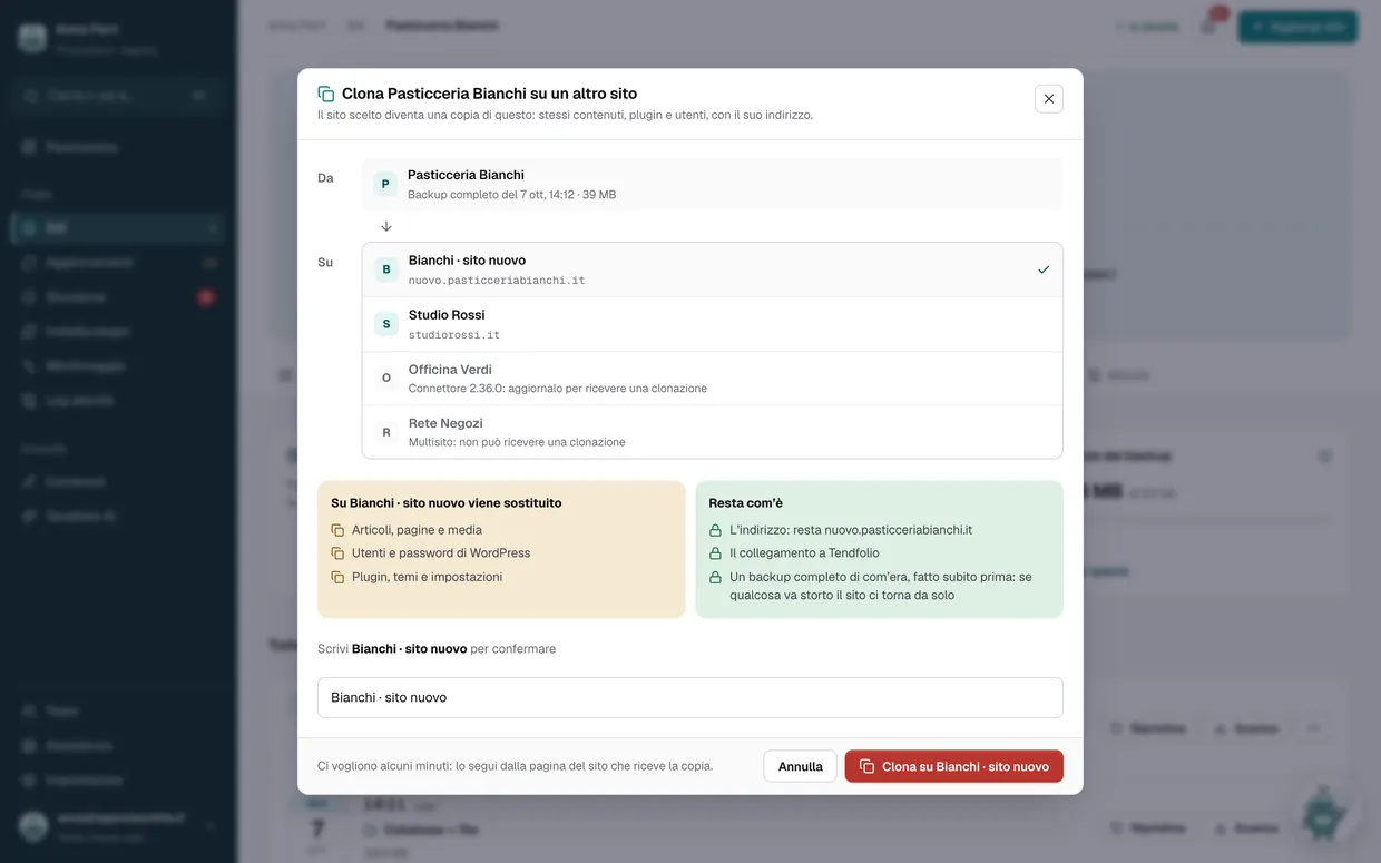 The panel’s «Clone onto another site» window: the starting backup, the chosen site, what gets replaced and what stays