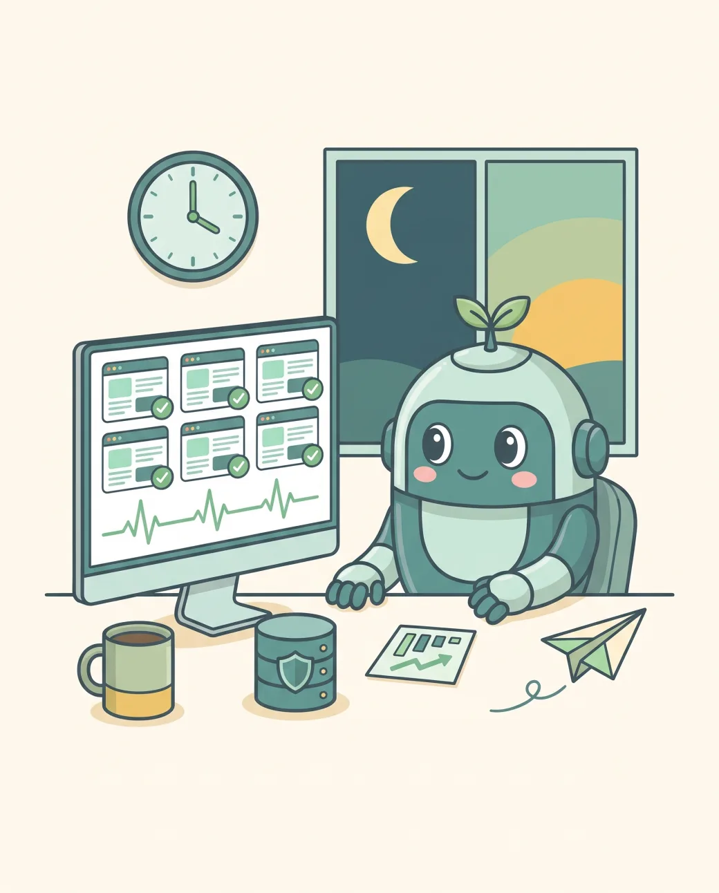 The Tendfolio mascot at its desk, from night to morning, with every site in order on the monitor